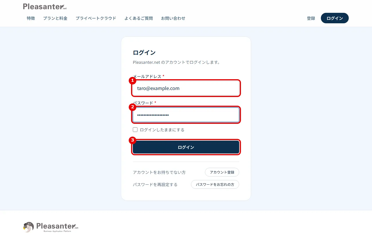 ログインの画面。メールアドレス・パスワード・ログインに番号を付けている
