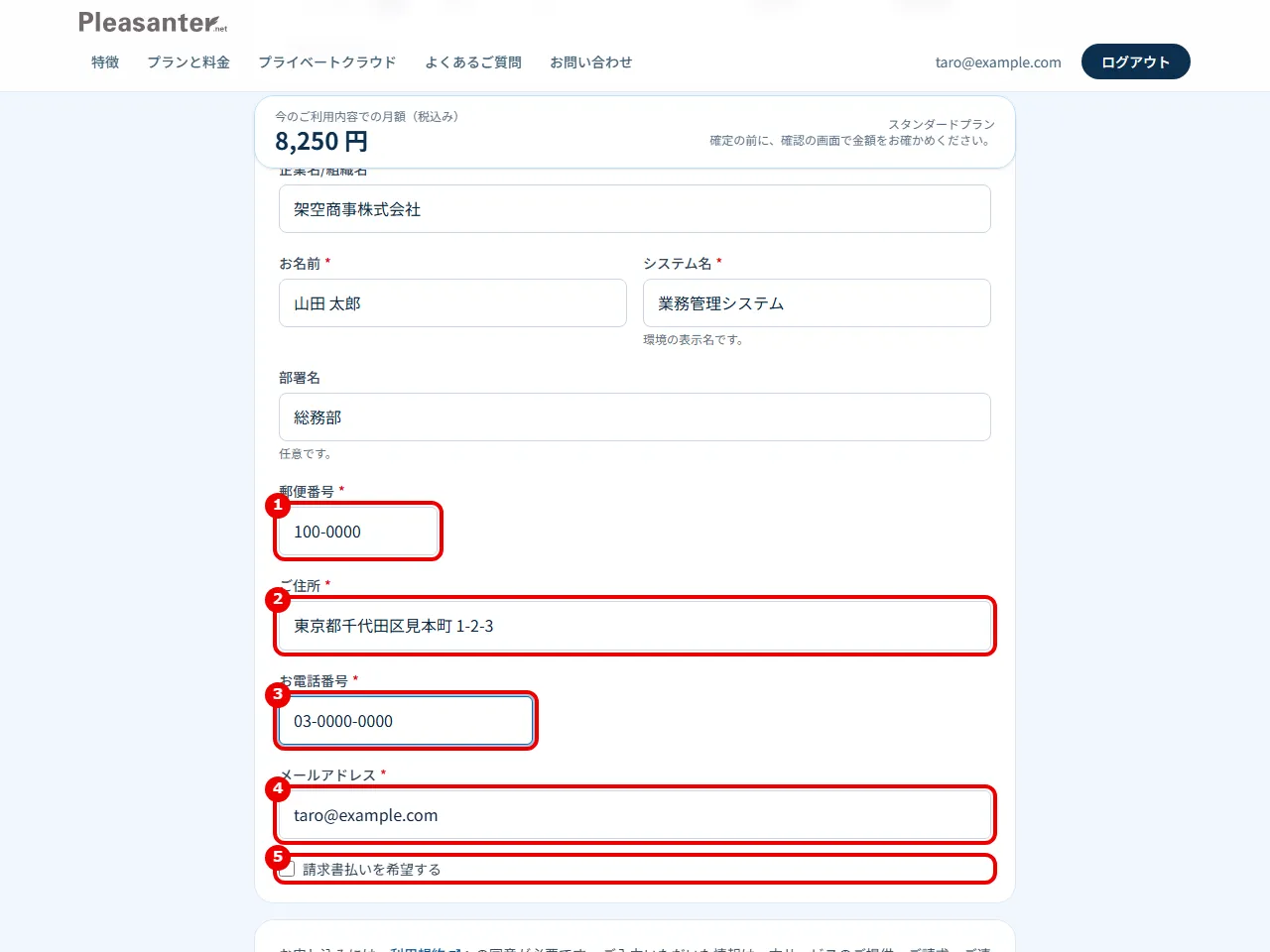ご契約者の連絡先の欄と「請求書払いを希望する」に番号を付けている