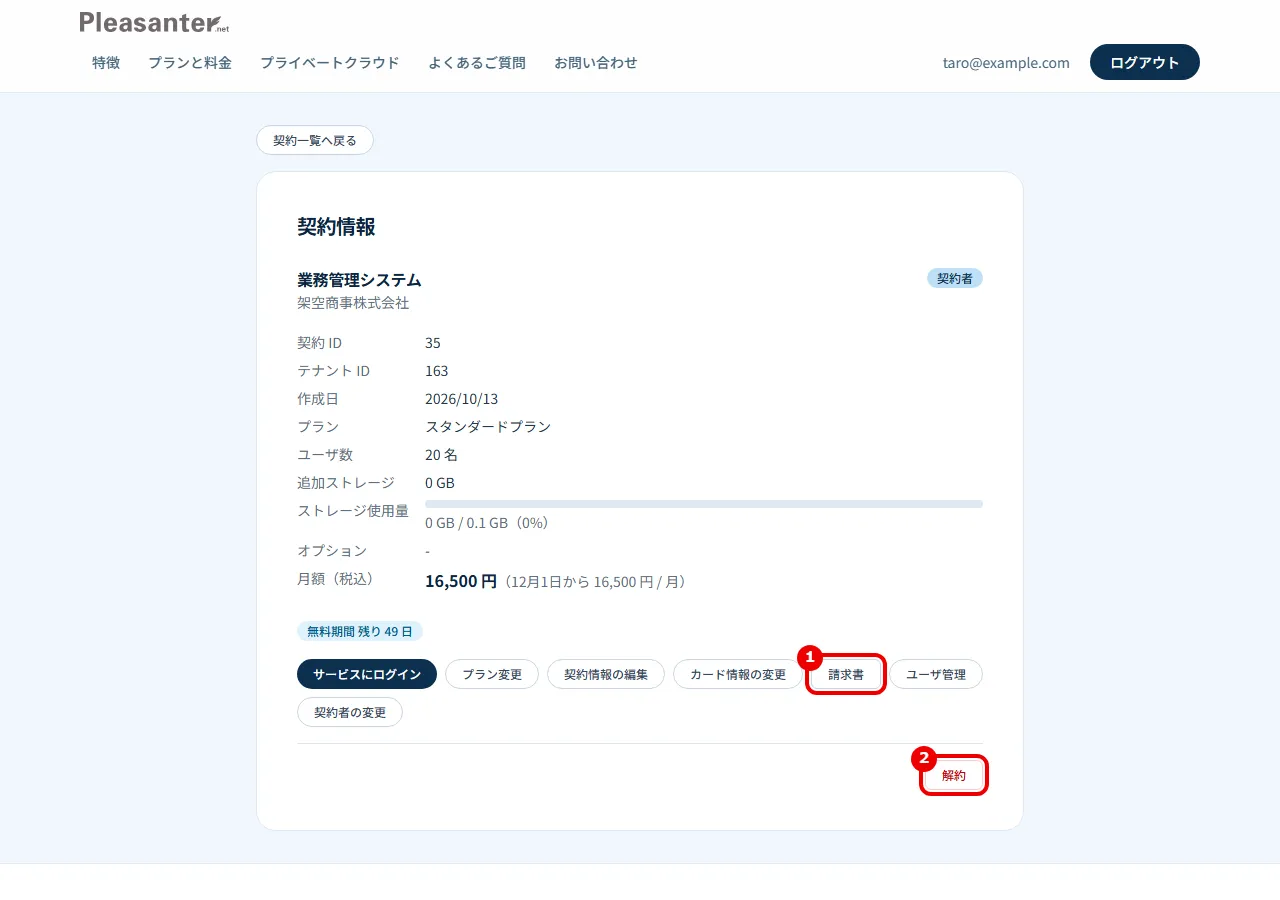 契約情報の画面。「請求書」と「解約」に番号を付けている